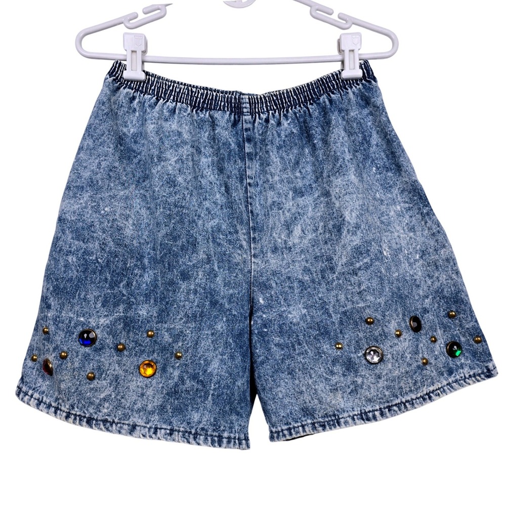 Vintage Gepetto Acid Wash Denim Shorts Gemstone Studded Blue 80s Retro Medium